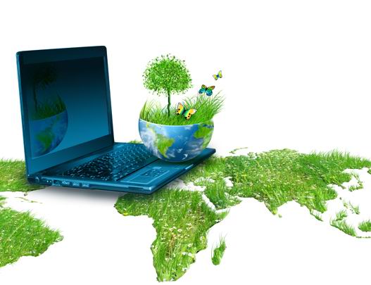 高清白底绿色地球笔记本电脑青草蝴蝶环保题材素材图片下载