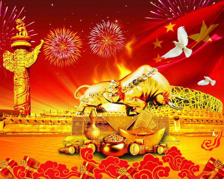 飘扬的五星红旗绽放的焰火华表白鸽北京鸟巢天