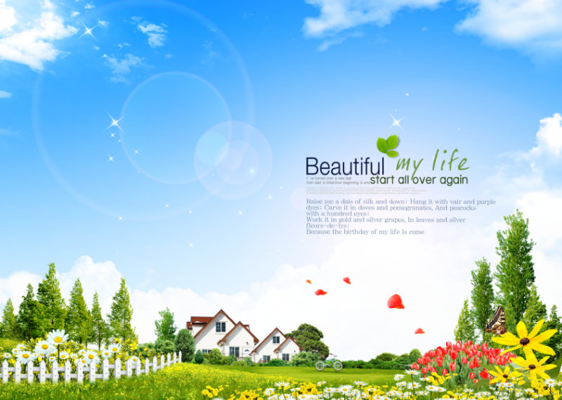 漂亮的别墅边的小花园绿草地风景韩国别墅psd模板