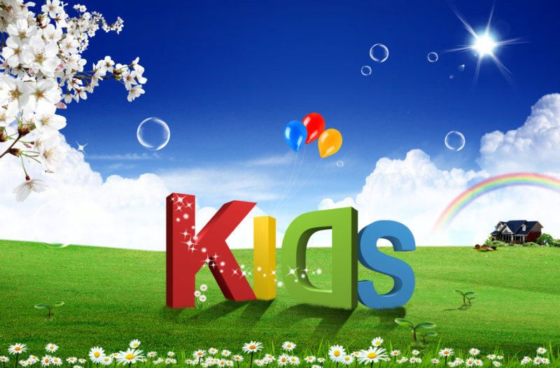草地上彩色的KIDS立体文字儿童海报主题韩国