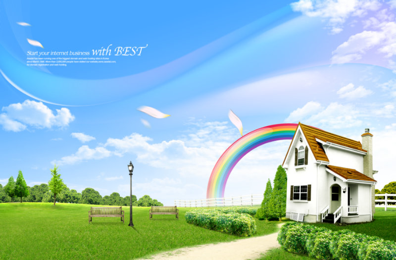 草地上的彩虹别墅蓝天白云背景韩国设计素材psd模板免费下载
