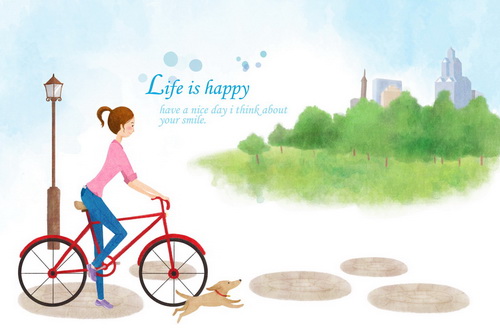 骑自行车外出休闲的女孩韩国风格卡通美女情侣生活场景psd素材免费