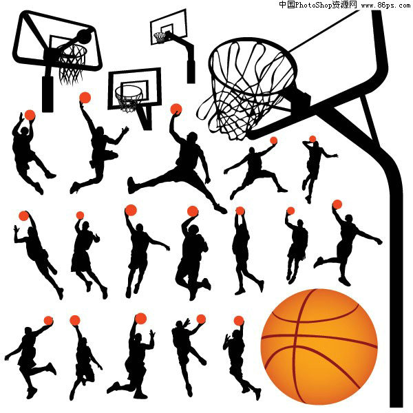eps格式一组篮球动作剪影及篮球架矢量素材免费下载