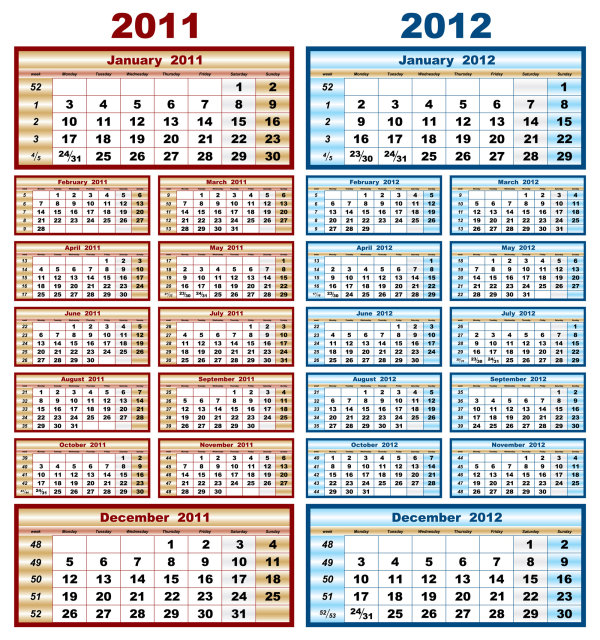 2011,2012,精美,挂历,日历,日期,月份,数字,英文,矢量素材,eps格式